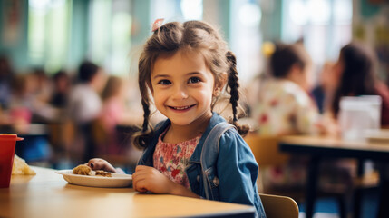 Young girl preschooler sitting in the school cafeteria eating lunch.