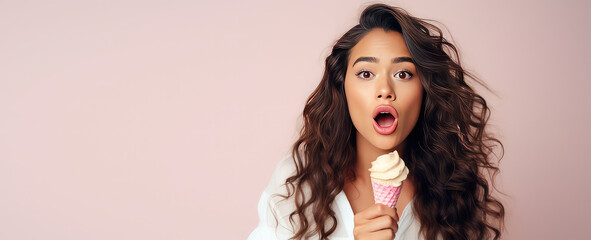 Surprised young woman with bright lips holding a delicious ice cream on flat pastel pink background with copy space.  - obrazy, fototapety, plakaty
