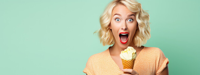 Surprised young woman with bright lips holding a delicious ice cream on flat pastel green...