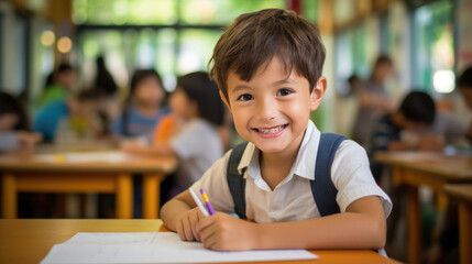 Little preschooler sits at a desk with a pencil in his hand and learns to write in class