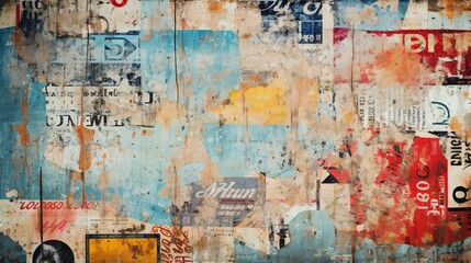 Craft a distressed and vintage abstract background with torn posters and graffiti.