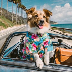 Perro con camisa hawaiana conduciendo un descapotable.