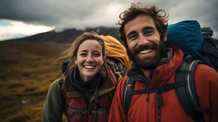 young couple trekking in Argentine Patagonia, touring South America, Chalten, nomadic life, travelers in Latin America