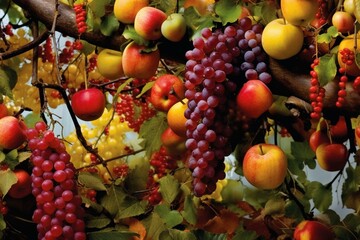An abundant yield of fall produce on a branch. Generative AI - obrazy, fototapety, plakaty