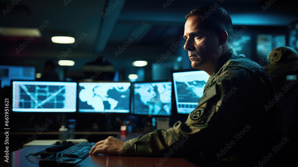 Poster an officer sits in a military command center and monitors data on computer monitors