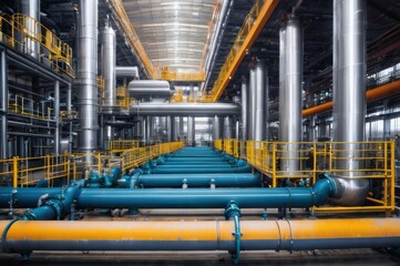 Equipment and piping inside of modern industrial petrochemical power plant for gas or oil industry. Oil refinery plant from industry, pipe line steel close up - obrazy, fototapety, plakaty