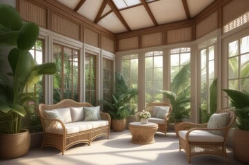 A charming sunroom with wicker furniture, tropical plants, and a view of the garden, botanical decor