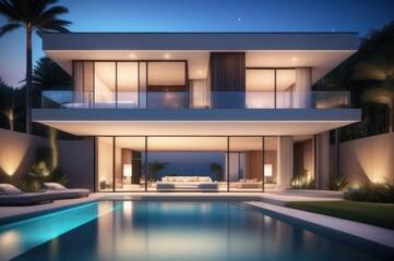 Modern luxury house with a swimming pool at night. Wealth and success concept