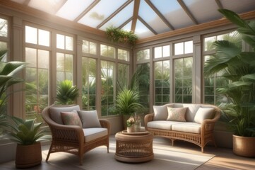 Fototapeta premium A charming sunroom with wicker furniture, tropical plants, and a view of the garden, botanical decor