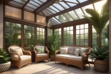 A charming sunroom with wicker furniture, tropical plants, and a view of the garden, botanical decor