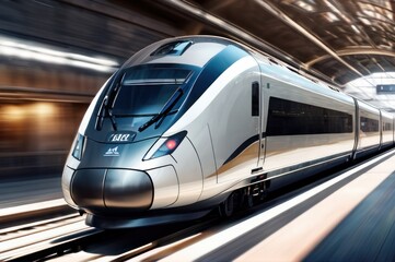Naklejka premium High speed passenger train in motion on the railway station at sunset in a city. Modern intercity train on railway platform with motion blur effect. Urban scene with railroad. Railway transportation