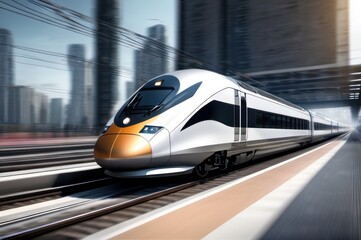High speed passenger train in motion on the railway station at sunset in a city. Modern intercity train on railway platform with motion blur effect. Urban scene with railroad. Railway transportation
