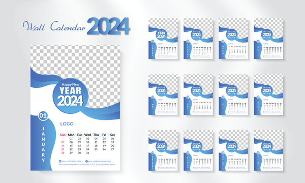 2024 Wall Calendar, unique and modern style layout with 02 color variation, week start Sunday corporate design planner template. Wall calendar in a minimalist style, minimalist, clean design for 2024.
