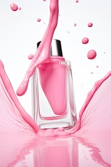 Nail polish bottle and splash of pink colored lacquer on white background. Generative Ai - obrazy, fototapety, plakaty