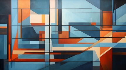 Craft an abstract geometric composition using intersecting lines and translucent layers, exuding a sense of depth and complexity.