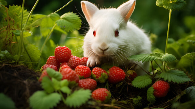 White rabbit eating wild red strawberries on the forest ground. Generative AI.