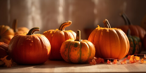 Festive autumn still life with pumpkins. Concept of autumn harvest, happy Thanksgiving day or Halloween