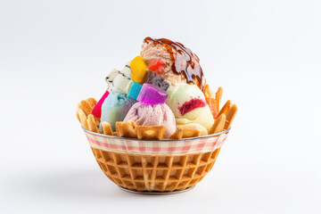 Multicolored ice cream dessert in a small faffle basket on a white background