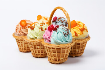 Fototapeta na wymiar Multicolored ice cream dessert in a small faffle basket on a white background