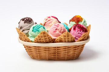 Fototapeta na wymiar Multicolored ice cream dessert in a small faffle basket on a white background