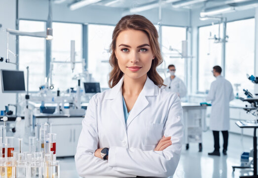 a young researcher against the background of a blurry laboratory where her colleagues work