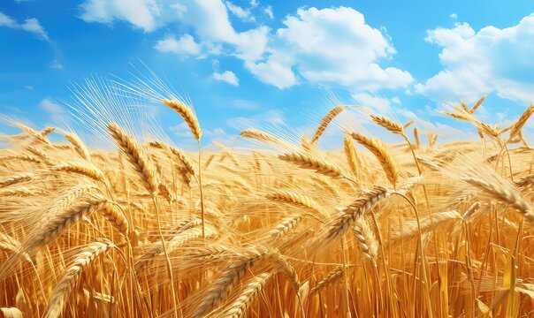 Expanse of wheat fields with bright blue clouds in the background. Generative AI