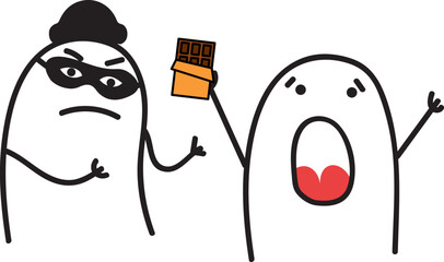 Thumb man. Thief stealing a chocolate from a citizen. Bandit surrendering a man. Charcter emotional. New set of characters in the style of meme flork. - obrazy, fototapety, plakaty