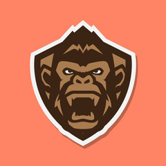 primate gorilla portrait roar with shield wildlife beast fang modern colorful mascot character sticker logo design vector icon illustration