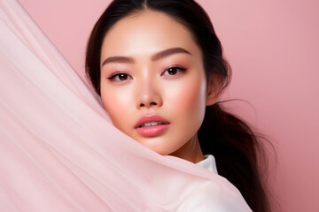 Beautiful asian woman with pastel pink lips, close - up, white skin, on pink background