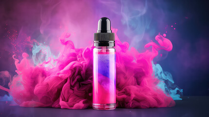 Creative promotional banner with mockup bottle of vape liquid with empty label, copy space. 3d render illustration style. 