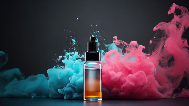 Creative promotional banner with mockup bottle of vape liquid with empty label, copy space. 3d render illustration style. 