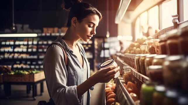 Woman Looking And Comparing Products In A Grocery Store.