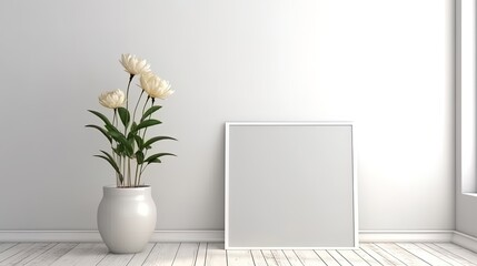 Empty white interior poster mockup with potted plant, flowers in a room with white walls, generated by AI