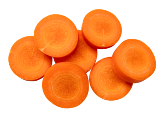 Fresh beautiful orange carrot slices in stack isolated on white background witch clipping path in png file format. Top view and close up