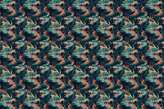 Dragon print seamless pattern. Asian fantasy creature backdrop.