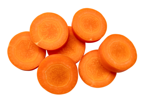 Fresh beautiful orange carrot slices in stack isolated on white background witch clipping path in png file format. Top view and close up