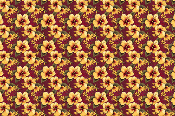Yellow hibiscus flowers on maroon burgundy background seamless pattern. Hawaiian shirt or fabric print.