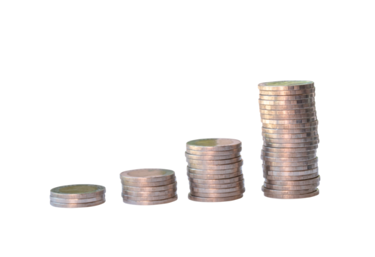 Silver coins in separated stacks isolated on white background with clipping path in png file format. Money growth concept in investment and saving money