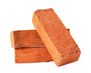 Cracked old red or orange bricks in stack isolated on white background with clipping path in png file format