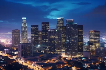 Deurstickers Nighttime timelapse of downtown Los Angeles seen from above. Generative AI © Mia