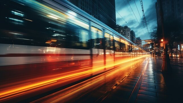 Blurred tram in motion passing the city during night, transportation concept - Powered by Adobe