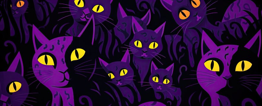 halloween purple & black cat pattern Generative AI