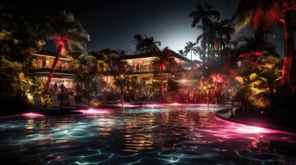 Nighttime Pool Party. Enjoying the Pool Under Starry Skies with Beautiful Pool Lights
