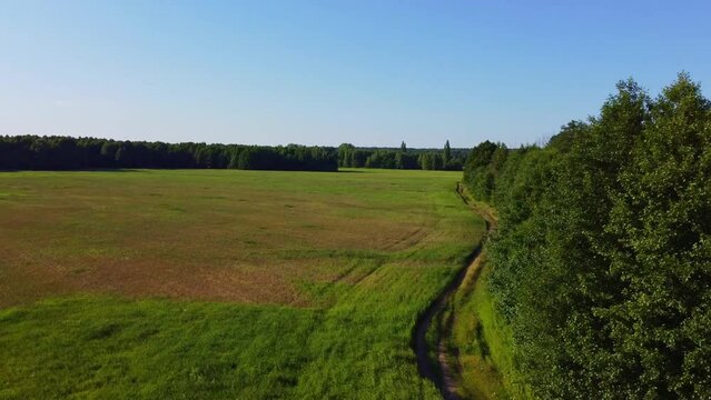 Landscape of fields and forests in Poland. Nature reserve in Wieliszewo. Drone shot, aerial photography. Poland