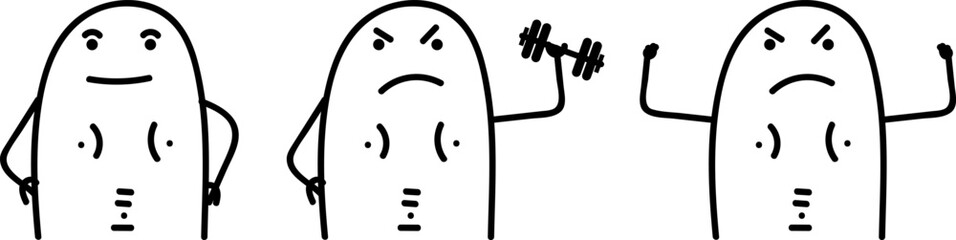 Thumb man. Weightlifting. Strong man with a bad face. Carrying a dumbbell easily. Charcter emotional. New set of characters in the style of meme flork. - obrazy, fototapety, plakaty