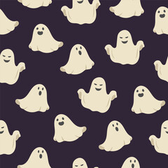 Seamless pattern with cute ghosts. Cartoon characters on dark blue background for Halloween design. Vector illustration