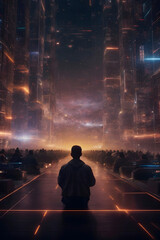 A young person with their back turned in a meeting in a futuristic world - obrazy, fototapety, plakaty