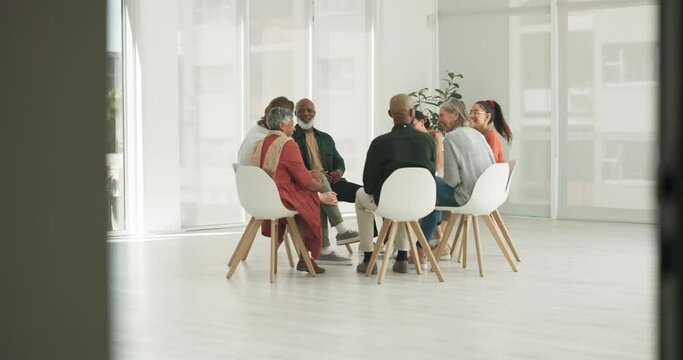 Business people, talking or counselling in circle for wellness with mental health, help or discussion. Meeting, support or team speaking with trust, respect or communication in therapy for psychology