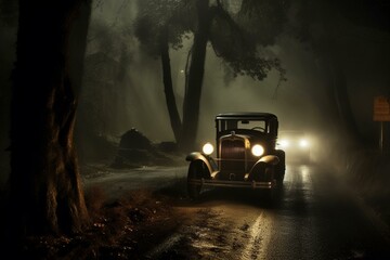 Nighttime fog reflects vehicle headlights. Generative AI
