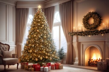 Christmas holiday home background. Warm cozy burning fireplace and Xmas tree decorated, season greetings card template, banner
